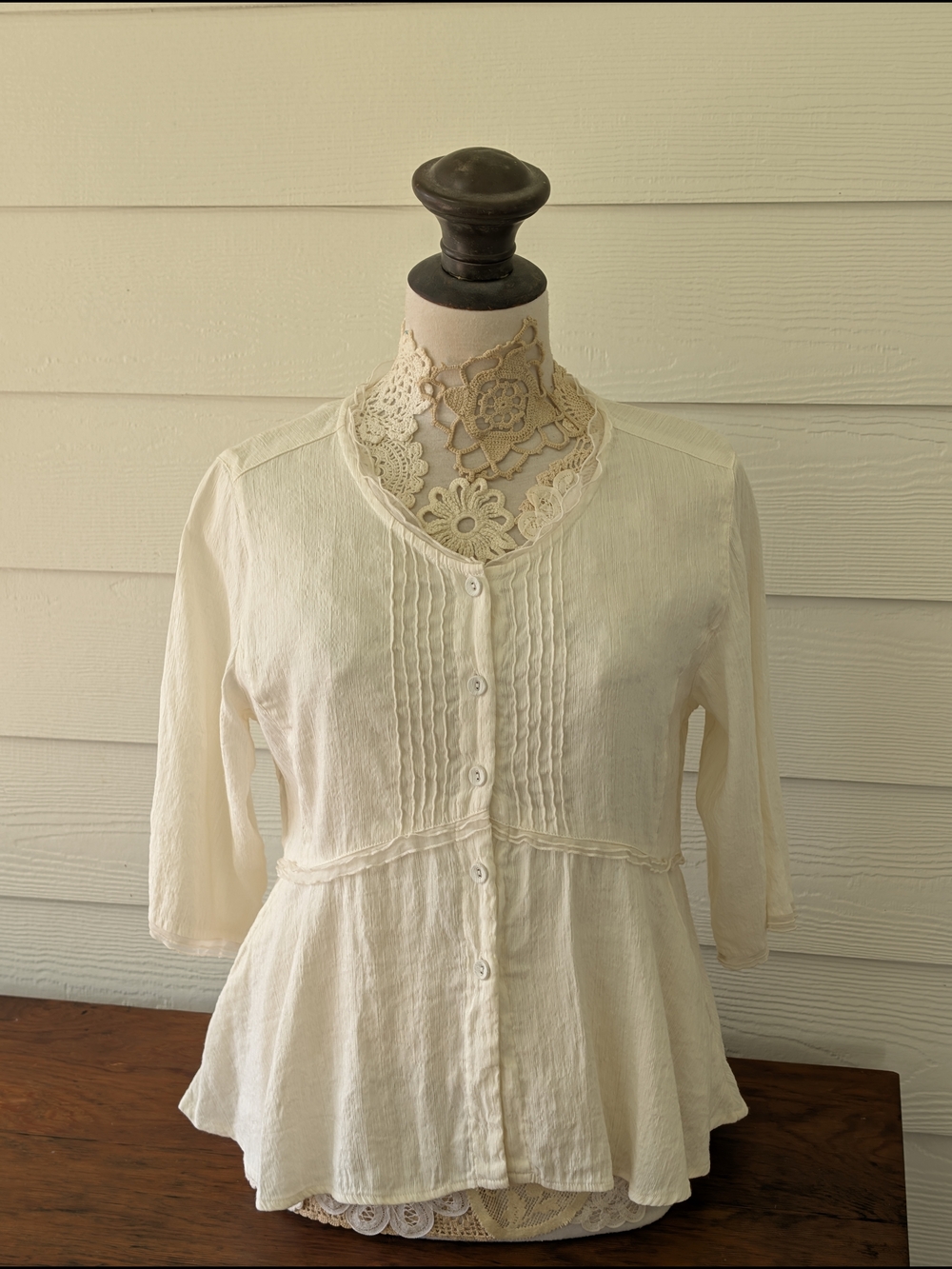 Button-Front Cream Peplum Pintuck Blouse